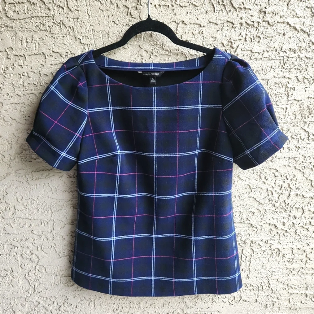 Banana Republic Emie Puff Short Sleeve Navy Blue Grid Small Blouse